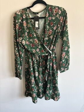 Nasty Gal Green Floral Wrap Mini Dress with Tie